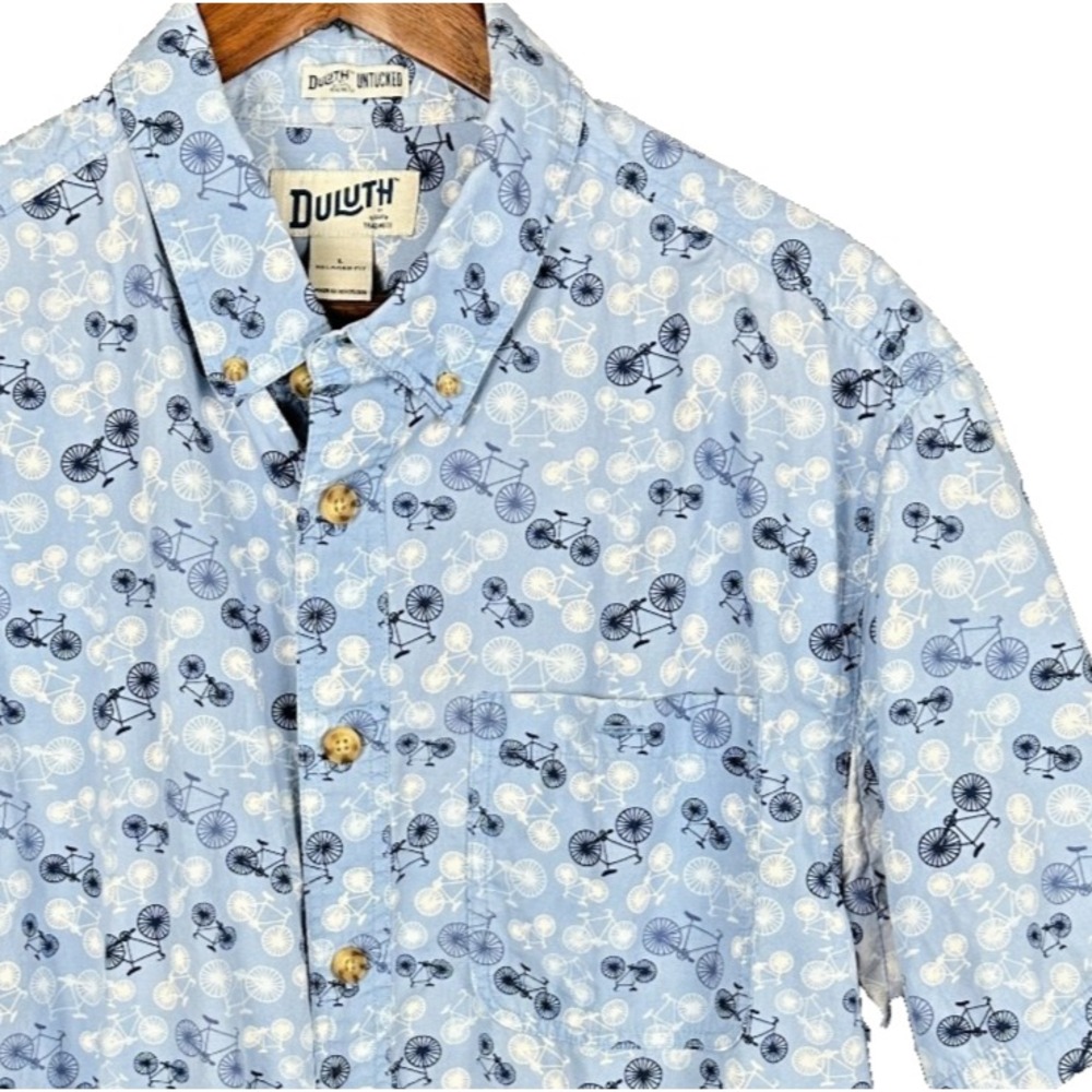 Duluth Trading Co Untucked Mens Large Bicycle Print Shirt Short Sleeve